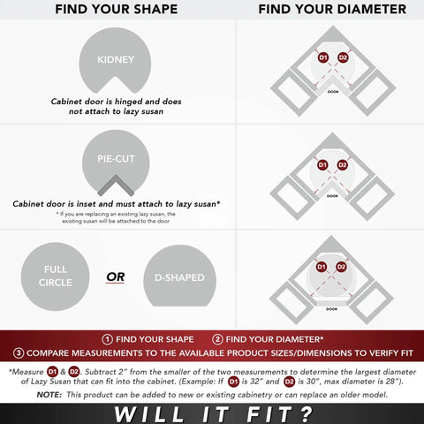 Chart illustrating cabinet shapes for the Pie Cut Dual Tier Lazy Susan Organizer For Corner Base Kitchen Cabinets White Plastic Rotating Shelves 24 Inch Wide Two Shelf Turntable Storage Easy Inside Cabinet Install For Maximum Pantry Space