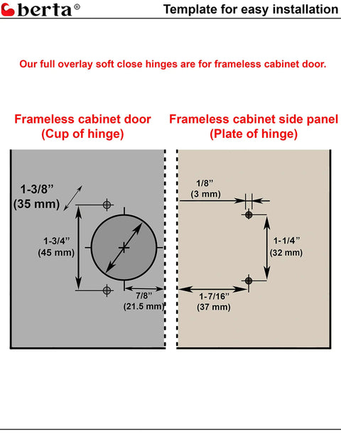 Template for 25-Pack Full Overlay Frameless Soft-Close European Cabinet Hinges, Cup and Plate measurements with installation guidance.