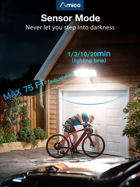40W Remote LED Security Light With Motion Sensor, 4000 Lumens, illuminating driveway at night with cyclist under light.