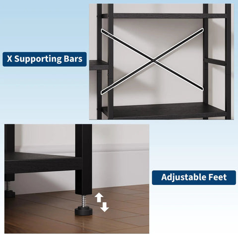 Detail of X supporting bars and adjustable feet on Arched Triple Column Small 4 Tier Bookshelf With Open Display Shelves And Iron Pipe Accents