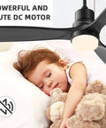 Child sleeping peacefully under 52 Inch Grey Ceiling Fan With Light And Remote, Modern Retro Vibe With 3 Solid Wood Blades, Noiseless DC Motor, Matte Black Finish And White Acrylic Lampshade, Built For Peaceful Cool Comfort In Living Rooms, highlighting mute motor feature.