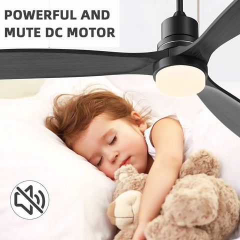 Child sleeping peacefully under 52 Inch Grey Ceiling Fan With Light And Remote, Modern Retro Vibe With 3 Solid Wood Blades, Noiseless DC Motor, Matte Black Finish And White Acrylic Lampshade, Built For Peaceful Cool Comfort In Living Rooms, highlighting mute motor feature.
