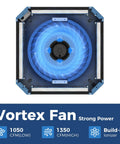 Rock Solid 360 Degree Intake Air Filtration System With 1350 CFM Vortex Fan Built Ionizer top view of vortex fan showing blue blades and power ratings.