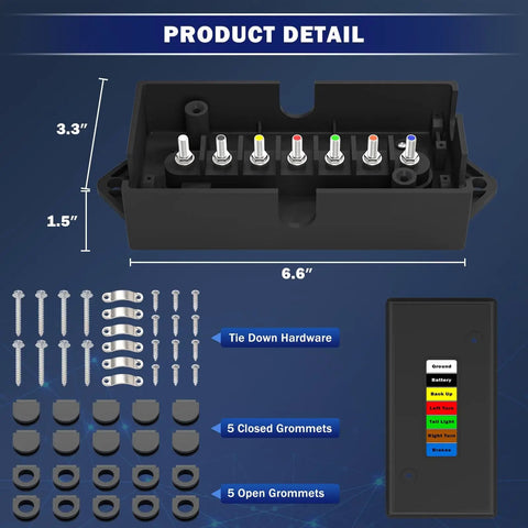 7 Way Trailer Junction Box Weatherproof Wiring Connector Kit With 7 Color Coded Wires for RV Camper Caravans and Trailers