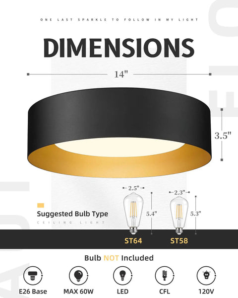 Close To Ceiling Flush Mount Light 14 Inch Frosted Glass Shade In Black Finish E26 Socket Dope Modern Ceiling Fixture For Living Room Hallway Bedroom 60W Max Bulb Not Included Easy Install Sleek And Stylish