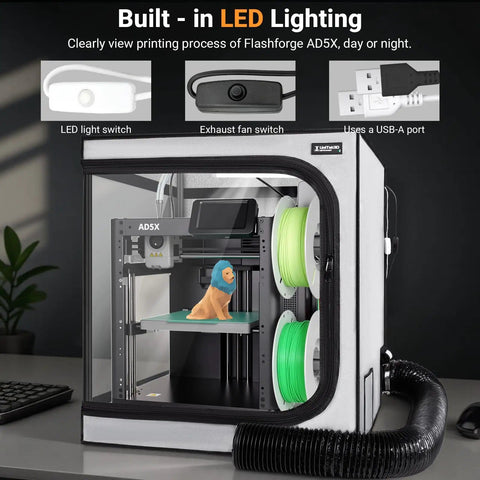 Beefed Up 3D Printer Enclosure With Built In Ventilation Kit, fitted to FlashForge AD5X, with USB LED lighting and dustproof cover.