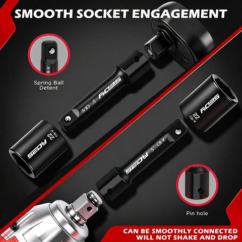66 Piece One Half Inch Drive Impact Socket Set With Deep And Standard 6 Point Cr-V Sockets SAE Three Eighths To One And A Quarter Inch And Metric Ten To Twenty Four Millimeter Plus Ratchet Extensions Adapters Universal Joint Drill Adapter And Storage Case showing Cr-V extensions and sockets