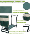 Garden Kneeler And Seat With Thick Cushioned Kneeling Pad Heavy Duty Bench For Kneeling And Sitting Prevents Knee And Back Pain Includes Pouch Bag Green Gift For Gardeners Dads And Moms Go To Must Have For Garden Work, shown with steel frame, EVA foam pad, and tool bag.