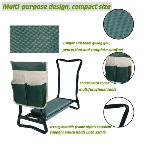 Garden Kneeler And Seat With Thick Cushioned Kneeling Pad Heavy Duty Bench For Kneeling And Sitting Prevents Knee And Back Pain Includes Pouch Bag Green Gift For Gardeners Dads And Moms Go To Must Have For Garden Work, shown with steel frame, EVA foam pad, and tool bag.