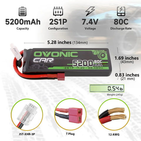 7.4V 5200mAh 80C LiPo Battery for RC Cars Drones With Soft Case and Dean Style T Plug 2S 1 8th Scale JST XHR 3P Housing