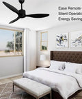 52 Inch No Light Ceiling Fan With Remote Control Low Profile White Finish 3 Blades Modern DC Motor in bedroom