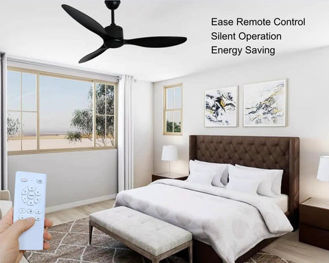52 Inch No Light Ceiling Fan With Remote Control Low Profile White Finish 3 Blades Modern DC Motor in bedroom