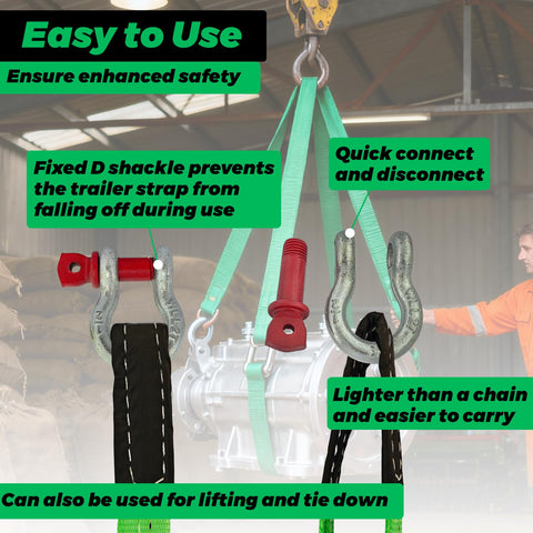 Lift Sling Straps 2 Inch By 6.5 Foot Web Sling Set With D Ring Shackles in use with hoist, showing features and components.