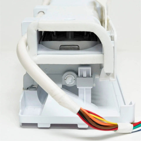 Icemaker Assembly Replacement DA97-07365G front view with 12-pin plug, white durable OEM style for GE WR30X10131 compatible fridges.