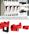 Clamp-On Circuit Breaker Lockout Kit 12 Piece Set With Small Medium Large Lockouts For Single Pole Breakers, displayed in front of electrical panels.