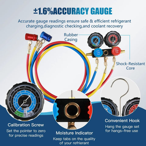 PB Motor TECH 4.5CFM 1/3HP vacuum pump with 3-way R1234yf AC manifold gauge set and hoses