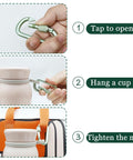 Steps showing 8 Pack D Shape Carabiner Clips With Screw Gate, 2.2 Inch Aluminum Keychain Hooks being used to attach a cup to a bag.