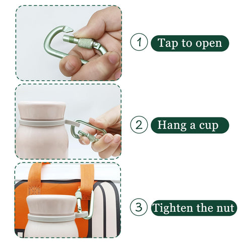 Steps showing 8 Pack D Shape Carabiner Clips With Screw Gate, 2.2 Inch Aluminum Keychain Hooks being used to attach a cup to a bag.