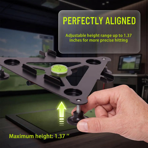 Adjusting feet on pro-grade metal leveling and alignment stand for golf launch monitors, precision focus for accurate readings.