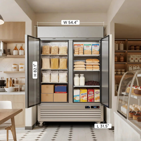 Heavy Duty Commercial Upright Freezer With Kickass WiFi Setup App Slick Temp Control LED Interior Lighting Solid Stainless Steel 49 Cubic Foot Kitchen Workhorse with food storage.