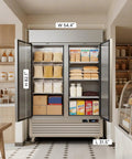 Top Tier Commercial Upright Freezer With Smart WiFi App Remote Control And Auto Defrost 49CuFt, stainless steel, open doors showing interior storage.