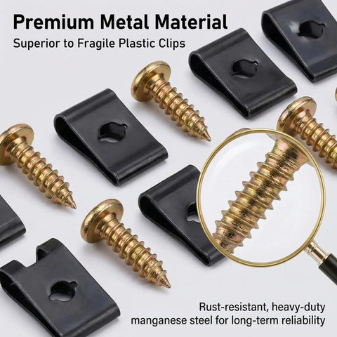 Close-up of rust-resistant manganese steel screws and black clips from Zero Hassle 170 Piece Auto Trim Clip And Screw Assortment Kit.