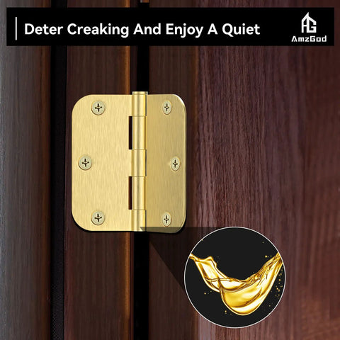 Built Tough Satin Brass Door Hinges 12 Pack 3 1/2 Inch Solid Iron Rounded Corners Pre Drilled Six Holes on dark wood