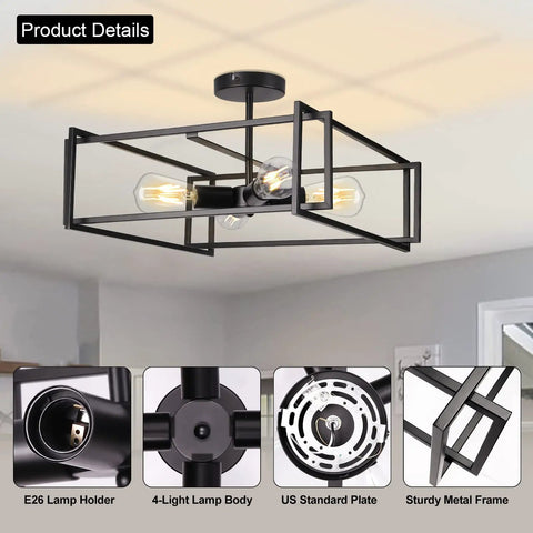 4 Light Black Semi Flush Mount Ceiling Light Fixture With Industrial Farmhouse Vibe showcasing metal frame and E26 base in room setting