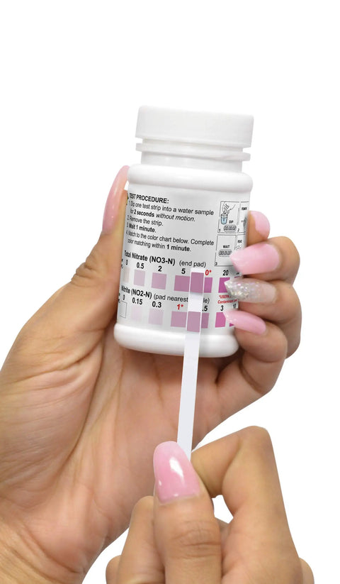 Heavy Duty Nitrate Nitrite Nitrogen Test Strips Delivering Top Shelf Lab Precision For No Sweat Chemical Checks And Nailed It Reading Across All Standard Ppm Ranges For Everyday Lab Use, held in hand with test procedure details.
