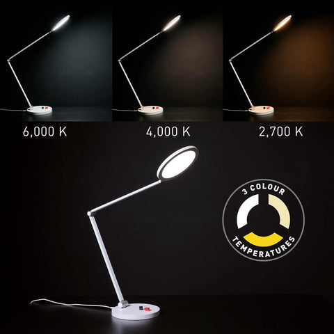 Table Lamp With Three Color Modes Daylight 6000K Cool White 4000K Warm 2700K 3500 Lux Brightness Easy Dimmer Switch shown in lighting modes