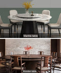 Rock Solid Heavy Duty Aluminum Lazy Susan Table Bearing With Smooth Swiveling Rotating Turntable Plate shown under marble and wooden tables.