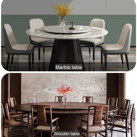Rock Solid Heavy Duty Aluminum Lazy Susan Table Bearing With Smooth Swiveling Rotating Turntable Plate shown under marble and wooden tables.