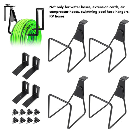Adjustable Wall Mounted Hose And Pipe Rack For Lawn And Garage Cleanup Holds Eighty Feet Heavy Duty Alloy Steel Build Scratch Resistant Pvc Sleeves No Sweat Installation with brackets and screws.