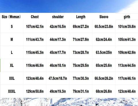 Size chart for Custom Women’s 3-In-1 Ski Jacket for Outdoor Adventures, Black, from S to XXXL showing measurements.