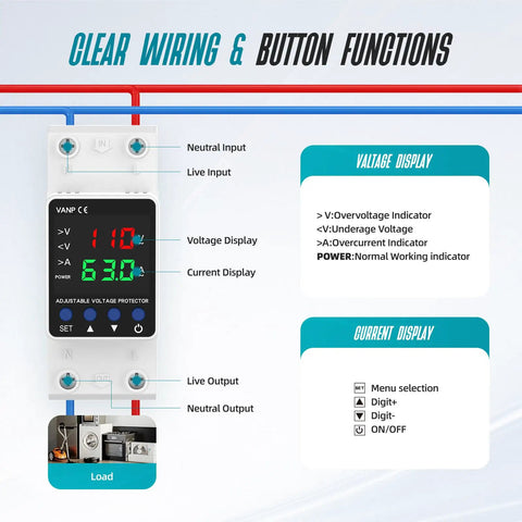 Built Tough Adjustable Voltage Protector For 110V Circuits Auto Reset Smart Breaker with clear wiring and button functions display.