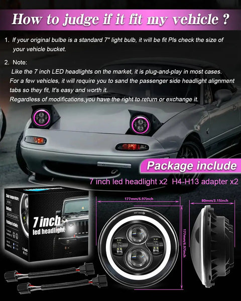 Installation guide for 7 Inch LED Headlights With Pink Purple Halo Ring, Hi Lo Beam, DRL And Amber Turn Signal on sportscar