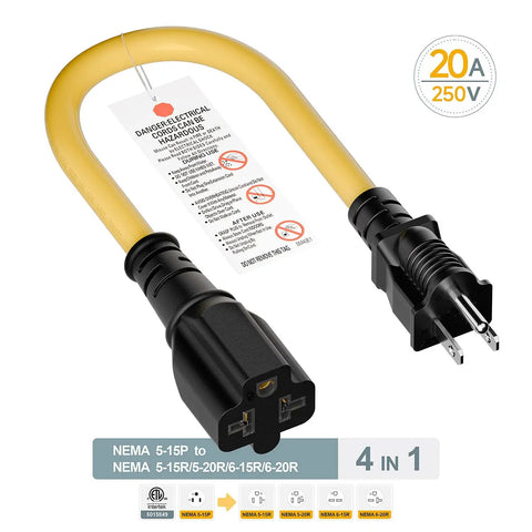 One Foot Nema 5-15P To 6-20R Electric Vehicle Charging Adapter Cable 12Awg Heavy Duty Power Extension Cord with yellow coating.