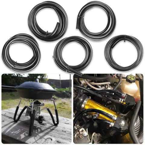 Long 6.6 Ft Silicone Vacuum Hose Kit With 1/8, 5/32, 1/4, 5/16 And 3/8 Inch IDs For High Temp 130 PSI Automotive Vacuum Tubing Flexible Heavy Duty Kink Resistant 5 Piece Set displayed coiled, with usage examples on vehicle system and barbecue setup.