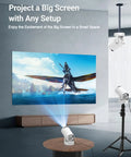 Ultra Portable Mini Projector With WiFi And Bluetooth 4K Ready 170 ANSI Auto Keystone projecting large screen on a wall.