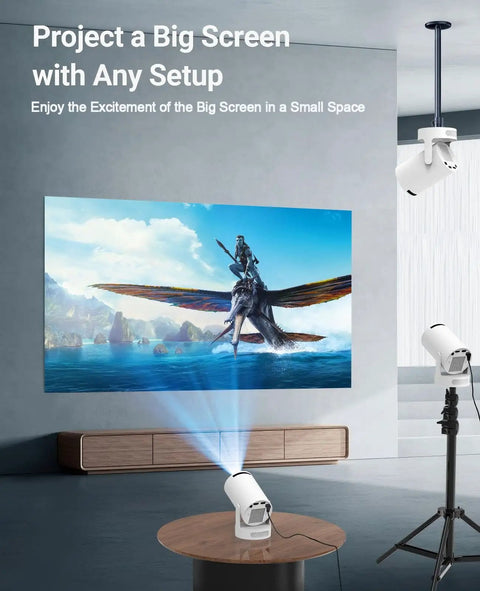 Ultra Portable Mini Projector With WiFi And Bluetooth 4K Ready 170 ANSI Auto Keystone projecting large screen on a wall.