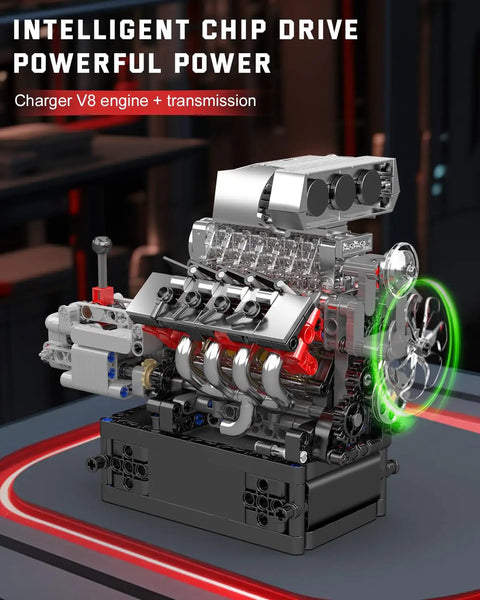 V8 Engine Model Kit With Transmission Build Your Own STEM 8 Cylinder Car Engine From 855 Plus Parts Realistic Engine Block Building Set For Adults Hands On Engineering Toys For Collectors And Hobbyists, assembled view
