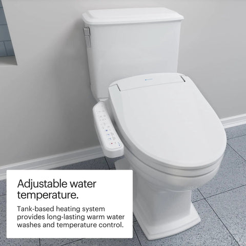 Premium Electric Bidet Seat For Elongated Toilets Featuring Heated Seat And Stainless Steel Nozzle With Warm Air Dryer Night Light And Gentle Close Lid Side Arm Control For A Hassle Free Bang For Buck Bathroom Glow Up showcasing adjustable water temperature control panel.