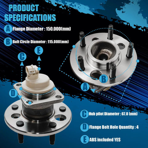 Pair Rear Wheel Bearing And Hub Assembly For Fwd Chevy Impala Monte Carlo Buick Allure Regal Lacrosse Pontiac Aztek Trans Sport 5 Lug With ABS Replacement Hubs Easy Install, product specifications diagram showing flange, bolt circle, and ABS features.