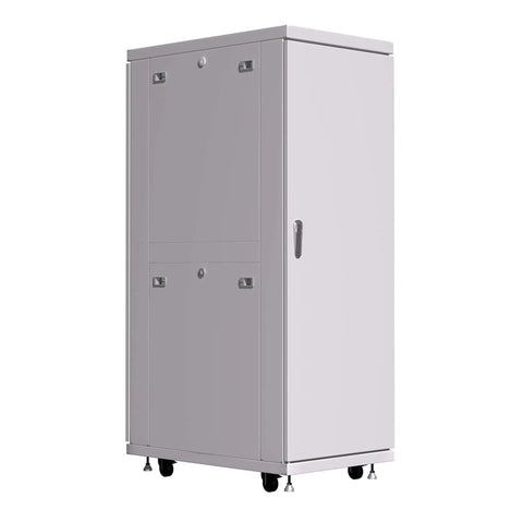 Heavy Duty 42U Floor Server Rack And Network Cabinet With Smooth Rolling Casters, Sleek Grey Steel Shell, Dead Simple Plug And Play Wiring, Pdu Power Strip, Smart Lcd Display, And Quad Cooling Fans side view.