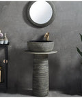 Premium Handmade Ceramic Vessel Bathroom Sink And Pedestal Combo Featuring Sleek Nonporous Finish With Standard Faucet Hole indoor setup.