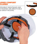 Vented Hard Hat With LED Light Cap Style Safety Helmet interior showing ratchet suspension, sweatband, and breathable liner