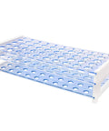 Plastic Test Tube Rack For 13 16mm Tubes Holds 50 With Detachable Base Handy For Do It Yourself Lip Balm Ink Samples And Small Cylinders Made Of Lab Grade Polystyrene, side view showing clear polystyrene structure.