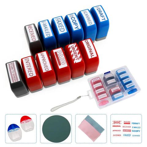 Top Notch Self Inking Stamp Set Boasts A Knockout 12 Pack Of Red And Blue Rubber Stamps for office paperwork and records.