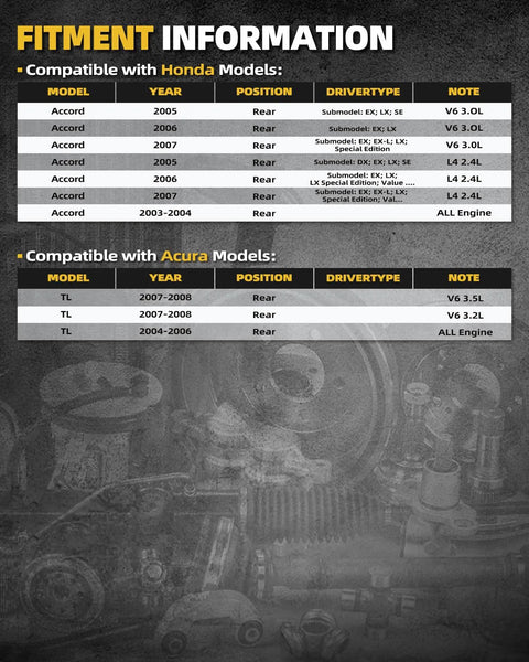 Fitment information chart for Honda Accord 2003-2007 and Acura TL 2004-2008 models compatible with wheel bearing hub assembly.