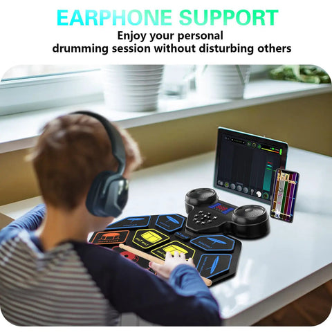 Child using Roll Up Portable Electric Drum Set With MIDI Practice Pad And Bluetooth Built In Dual Speakers 9 Touch Pads